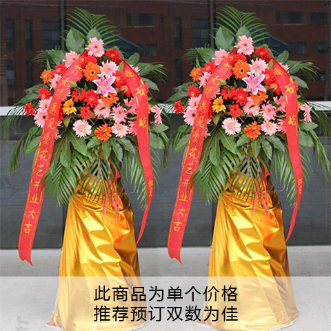 欣欣向荣-1枝粉百合+各色扶郎花，搭配绿叶散尾葵开业花篮