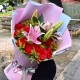 溫暖母愛(ài)-19枝紅色康乃馨，2枝多頭粉百合，搭配黃鶯