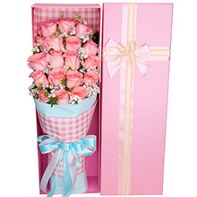 粉色思念-19枝戴安娜粉玫瑰，搭配黃鶯