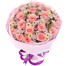 山盟海誓-21枝粉玫瑰，搭配相思梅圓形花束