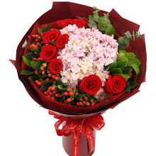 心心相印-9朵紅玫瑰及2枝繡球花送女神花束