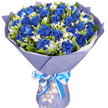 一見鐘情-33朵藍色妖姬，搭配白色相思梅、梔子葉愛情玫瑰