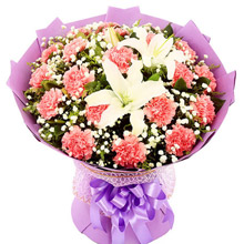 感恩有你-21枝粉康乃馨+2枝香水百合，搭配滿天星送長輩花束