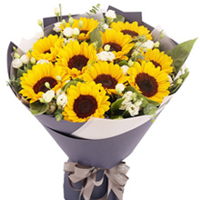 一聲問候-10枝向日葵，搭配桔梗、點綴梔子葉