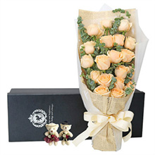 一生相守-19枝香檳玫瑰，2只小熊，配尤加利/梔子葉