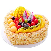 心心相印-鮮奶水果心形蛋糕，新鮮時令水果，杏仁片外圍