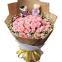 浪漫的事-33枝粉玫瑰+2只可愛小熊，黃鶯/滿天星豐滿