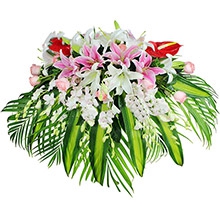 鴻運福星-多頭粉+白百合、紅掌、粉玫瑰，搭配洋蘭、巴西葉、散尾葵