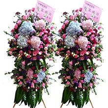 八方來財-繡球、粉玫瑰、桔梗、配尤加利、金魚草、勿忘我、相思梅、巴西葉