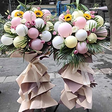 萬里和風(fēng)-馬卡龍氣球（粉、白、淺黃）、向日葵、粉桔梗、白玫瑰