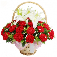 暖暖關懷-36枝紅色康乃馨，2枝香水百合，梔子葉、滿天星、黃鶯