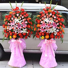 五福臨門-各色扶郎花、粉玫瑰、粉、白多頭百合，配散尾葵、巴西葉、劍蘭