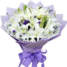 心心念念-11朵白百合，配白色滿天星、間插勿忘我