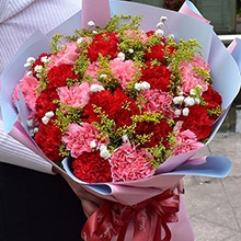 感念師恩-19朵紅粉混搭康乃馨，搭配情人草、白色滿天星