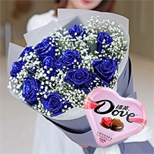 鐘情你套餐組合-德芙98g心形禮盒+11枝藍玫瑰