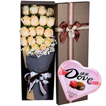 深切祝福套餐組合-德芙98g心形禮盒+19枝香檳玫瑰禮盒裝