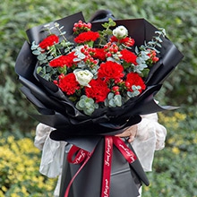 恩逾慈母-11朵紅色康乃馨+白色洋牡丹，搭配尤加利、紅豆