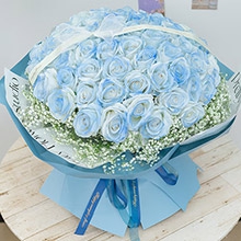 星空之戀-99朵碎冰藍玫瑰，外圍白色滿天星