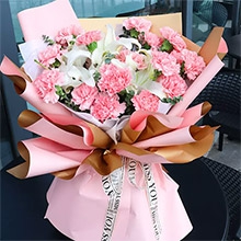 溫柔有你-19朵粉色康乃馨，2枝多頭白百合，搭配尤加利葉
