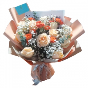 絢麗多彩-11朵香檳玫瑰，搭配橙色泡泡、白色滿天星、尤加利葉