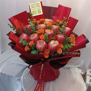 一生平安-11個蘋果，搭配橙色泡泡玫瑰、尤加利葉、紅豆