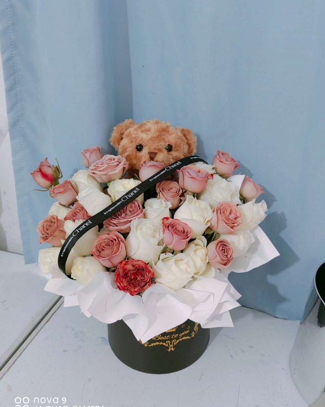 15朵卡布奇諾18朵白荔枝小熊抱抱桶