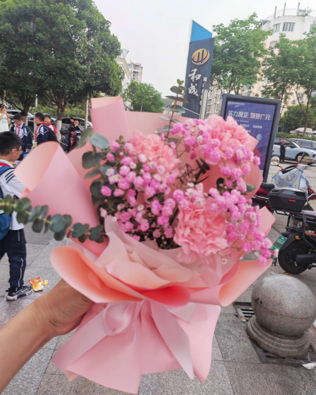 3朵粉康乃馨+粉滿天星+尤加利葉